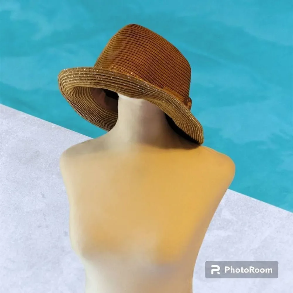 D&Y Brown Straw Fedora Hat with Silver Sparkle